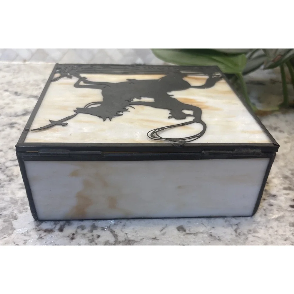 Vintage Western Slag Glass Trinket Jewelry‎ Box Metal Overlay Buckaroo Motif